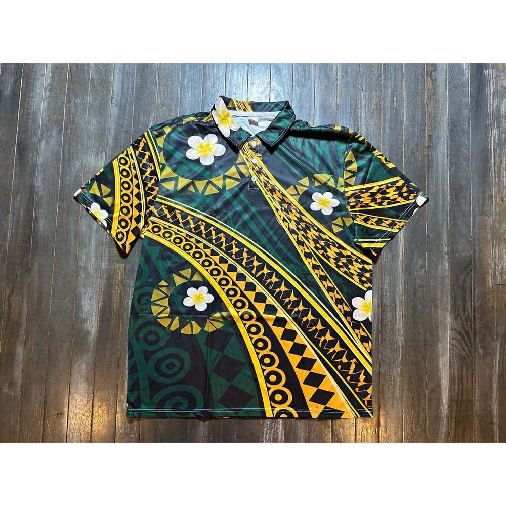 Mens Polynesian Tribal Print Polo Shirt Green Yellow Plumeria Floral